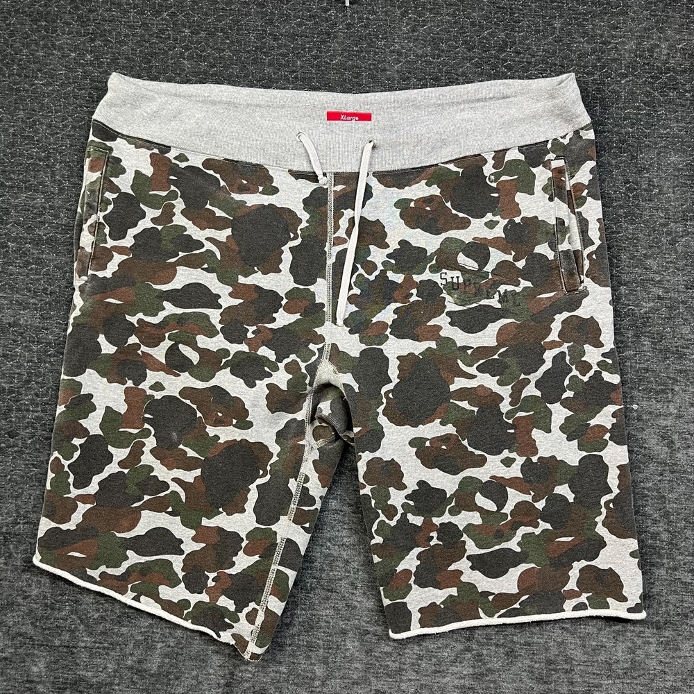 Supreme Duck Camo Fleece Sweat Shorts Mens Gray Green Drawstring Streetwear - XL